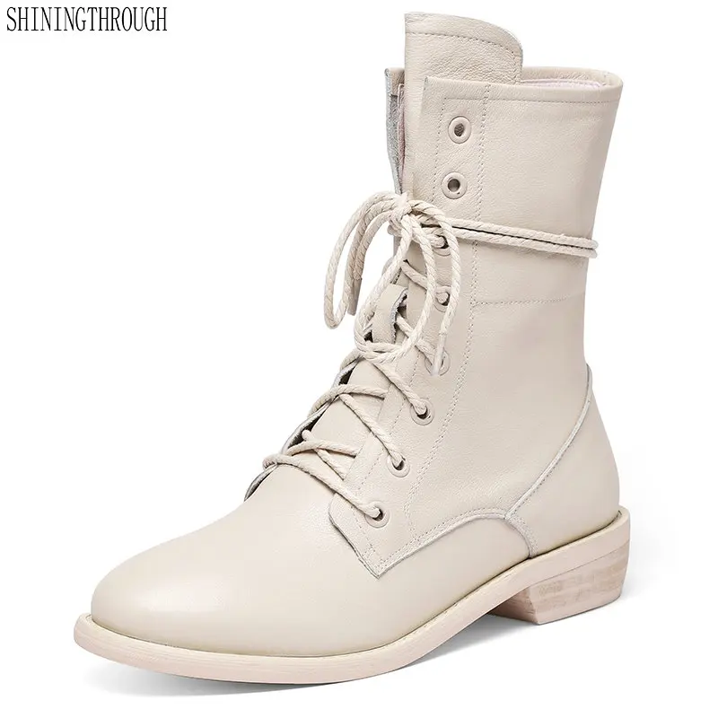 

100% Genuine Leather Women ankle Boots low heels lace up Boots Party Night Club Boots Ladies Shoes Woman size 41 42