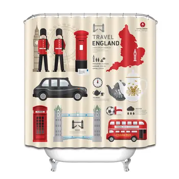 

London Tourism Icon Shower Curtain Liner Bathroom Set & Hooks Polyester Fabric