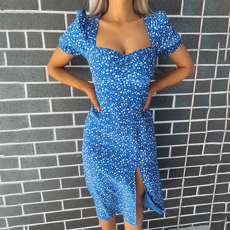 

Floral Print Midi Dresses Women Elegant Sexy Square Collar Ruffles Puff Sleeve Summer Lady Split Mid-Calf Dresses 2020New
