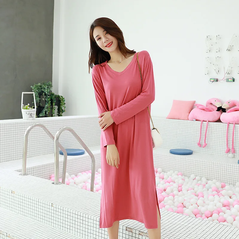2023 Autumn Night Dress Women Loose large Nightgown Solid Color Sleepshirts Long-Sleeves Nightie Nightdress Modal Sleepwear