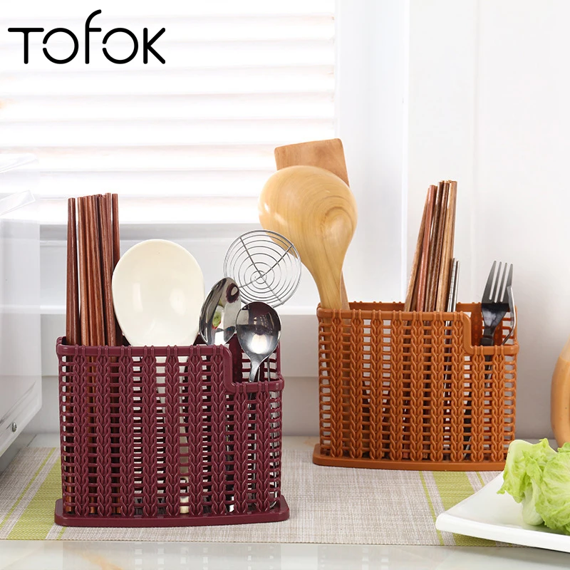 

Tofok Plastic Drain Chopsticks Rack Multi-function Rattan Woven Kitchen Cutlery Storage Free Punch Spoon Peeler Fork Knife Cage