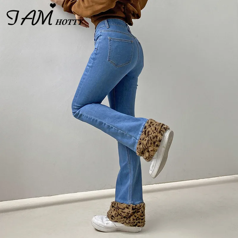 

Leopard Print Fur Patchwork Flare Jeans Women Harajuku Vintage High Waist Mom y2k Denim Korean Fashion Streetwear Pants Iamhotty