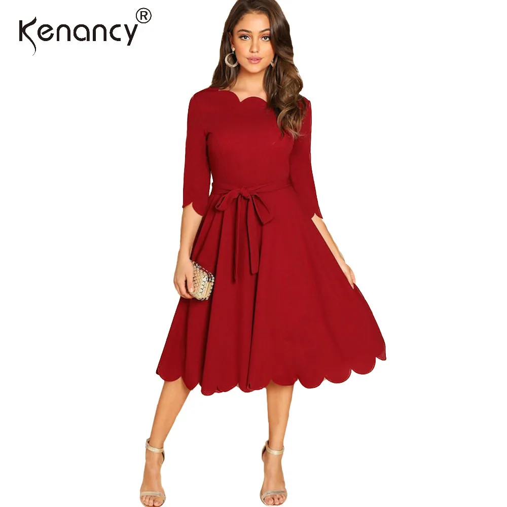 

Kenancy Red Wave Cut Plus Size Dress Women Autumn Winter Casual Lace Up Midi Dresses Office Ladies Robe Vestido 2019