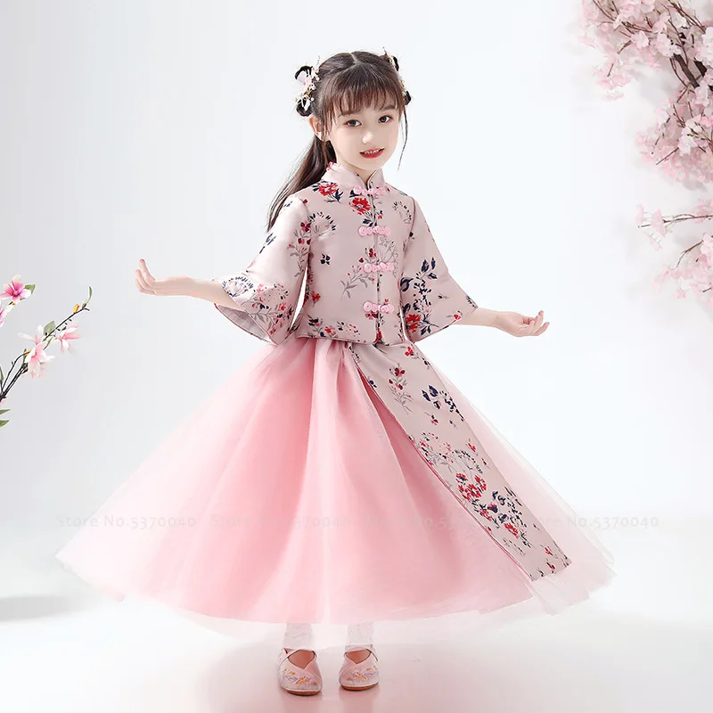 Китайский традиционный костюм в стиле Тан для девочек Hanfu/Детское платье принцессы с вышивкой, Ципао, торжественное платье детский праздничный костюм Ципао для выступлений