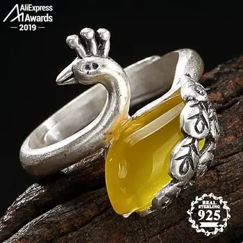 

WOW Oh My God Israel Amber S925 Fine Antique shop Ring Sterling Silver mother Natural Retro Semi Gemstone Animal phenix peacock