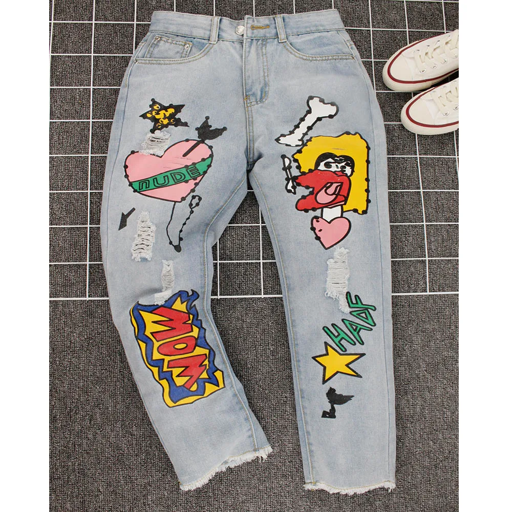 Джинсы женские рваные с завышенной талией узкие брюки до щиколотки мультяшным