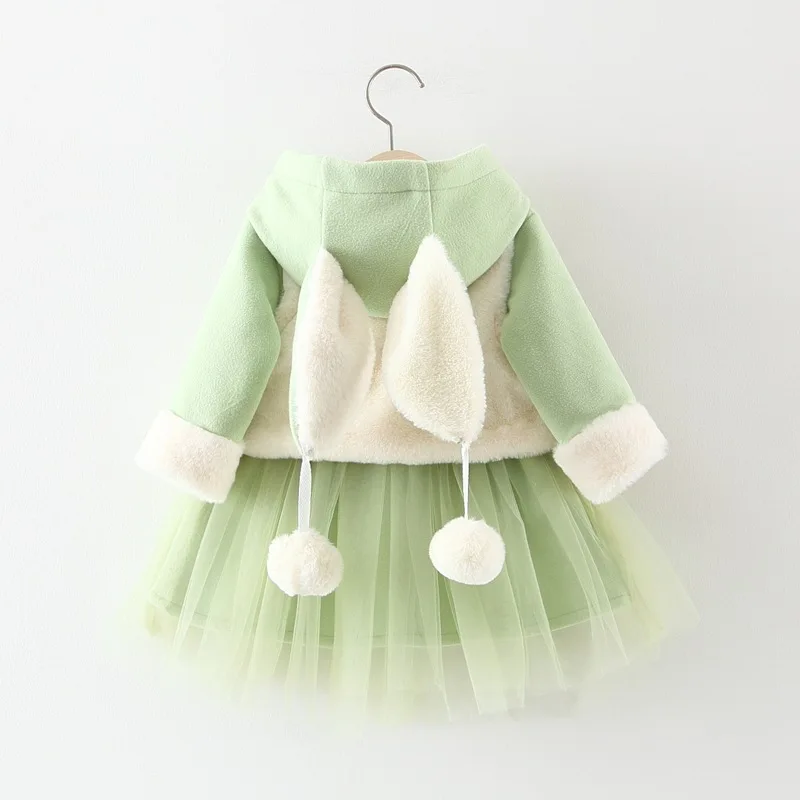 Детские жилеты для девочек+ кружевные Хлопковые Платья с капюшоном и заячьими ушками для маленьких девочек, комплекты зимней одежды из 2 предметов костюм для маленьких девочек - Цвет: Зеленый