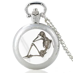 Unique Skeleton Posing Design Vintage Quartz Pocket Watch Men Women Unique Glass Cabochon Pendant Necklace Hours Clock Gifts