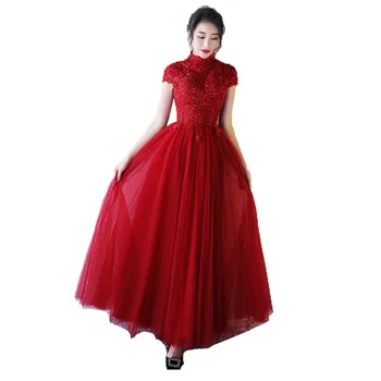 

Women party dress wine red 2019 spring new plus size slim Short sleeve round neck temperament maxi dress vestido feminina JD628