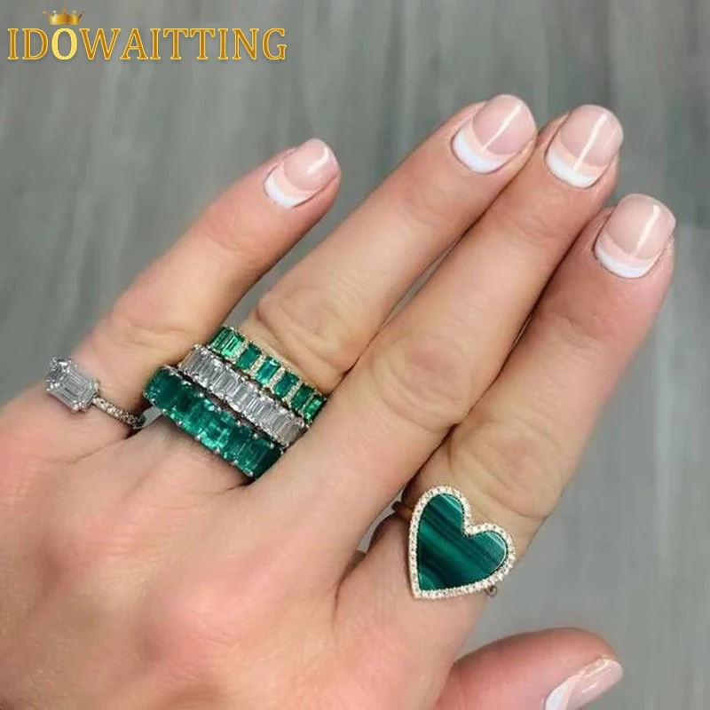 White Green Baguette Emerald Cut Cz Full Stone Eternity Band Engagement Stacking Ring For Women Gold Plated Finger Jewelry