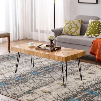 

Modern Coffee Table Easy Assembly Tea Table Cocktail Table Living Room w/Chevron Pattern Metal Hairpin Legs Glossy Finished Wood