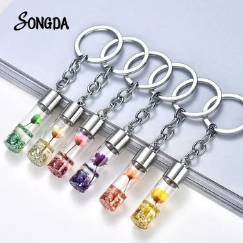 

Creative Dry Flower Bottle Keychain Eternal Flower Sparkling Key Rings Assorted Color For Women Girl Car Bag Accessories