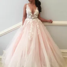Элегантное платье для выпускного вечера А-силуэта с глубоким v-образным вырезом и шлейфом, розовое Тюлевое платье с открытой спиной для выпускного вечера с аппликацией