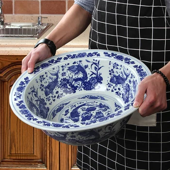 

12-16 inch 6.5KG large serving bowl Chinese Blue and white porcelain Ceramic Ramen Bowl Seafood Steak Salad Soup Bowl Tableware