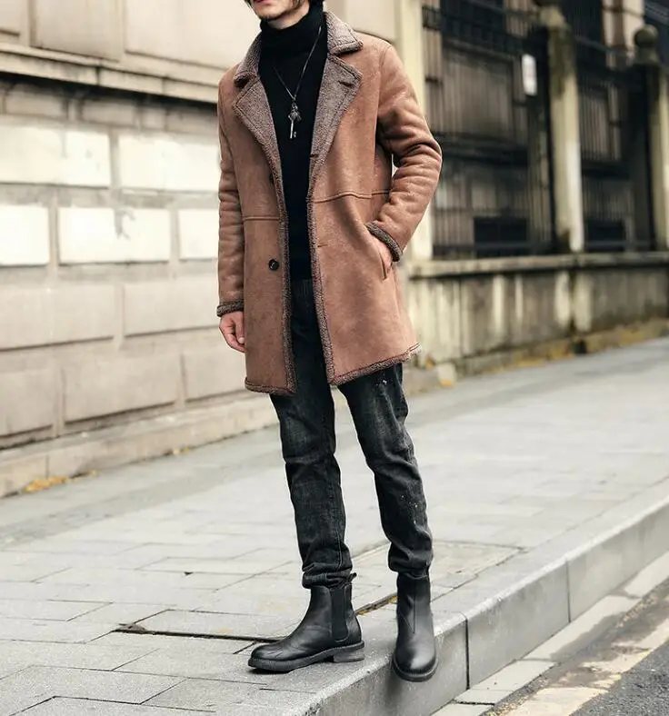 Europe and the United States plus velvet thick long leather men's winter slim lamb fur fur motorcycle jacket size M-5XL