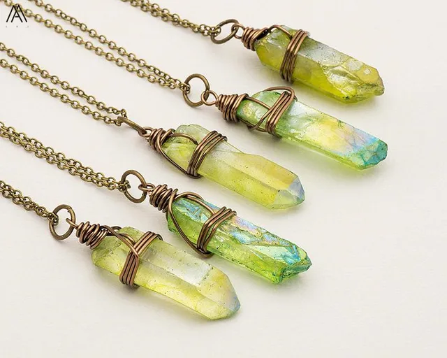 Titanium AB Natural White Quartz Irregular Point Pendant Gold Chains Necklace For Women Quartz Crystal Beads Adjustable Necklace Green