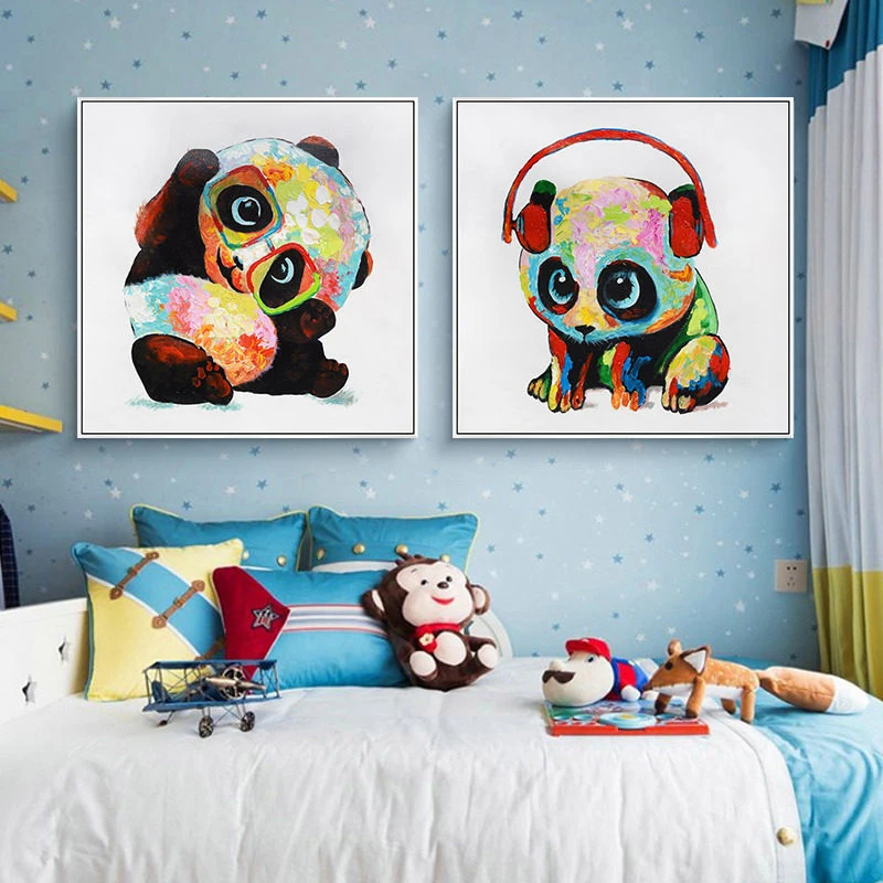 100% ручная роспись мультфильм ребенок панда картина маслом на холсте настенное