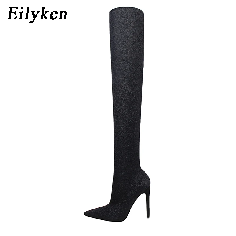 Black Eilyken/ г. Новые женские ботфорты из эластичной ткани пикантная Осенняя женская обувь на высоком каблуке со шнуровкой зимние женские сапоги размер 42 - Цвет: Black