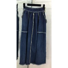 11,26 Ранняя весна Высокое качество женские сапоги с бахромой в боковой джинсовая юбка фасон с большими карманами свободного покроя с высокой талией, Потертая джинсовая юбка