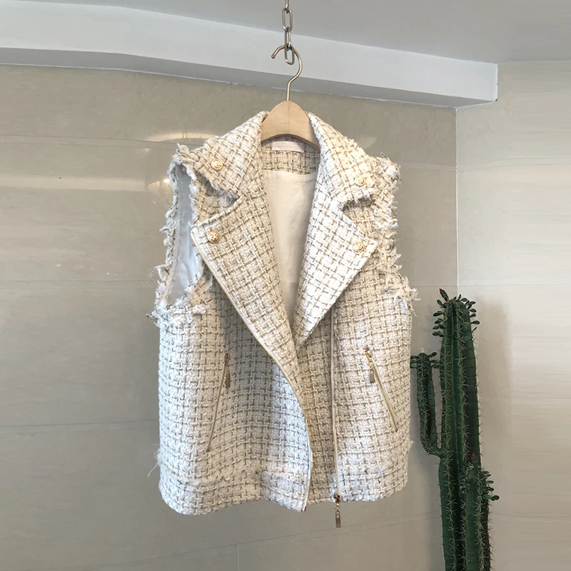 

High Fashion Zipper Design Turn-down Collar Tweed Waistcoat Female Winter Wear Beautiful Elegant Vest Jacket Coat