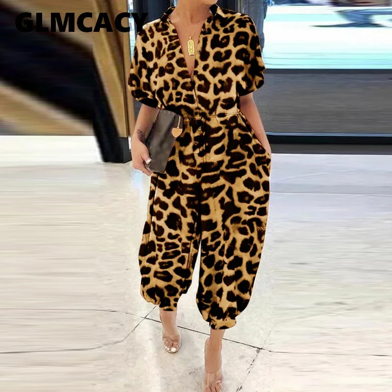 Women Summer Short Sleeve Leopard Jumpsuit Regular Fit Causal Chic Overalls Classy Workwear Streetwear Women Summer Short Sleeve Leopard Jumpsuit Regular Fit Causal Chic Overalls Classy Workwear Streetwear