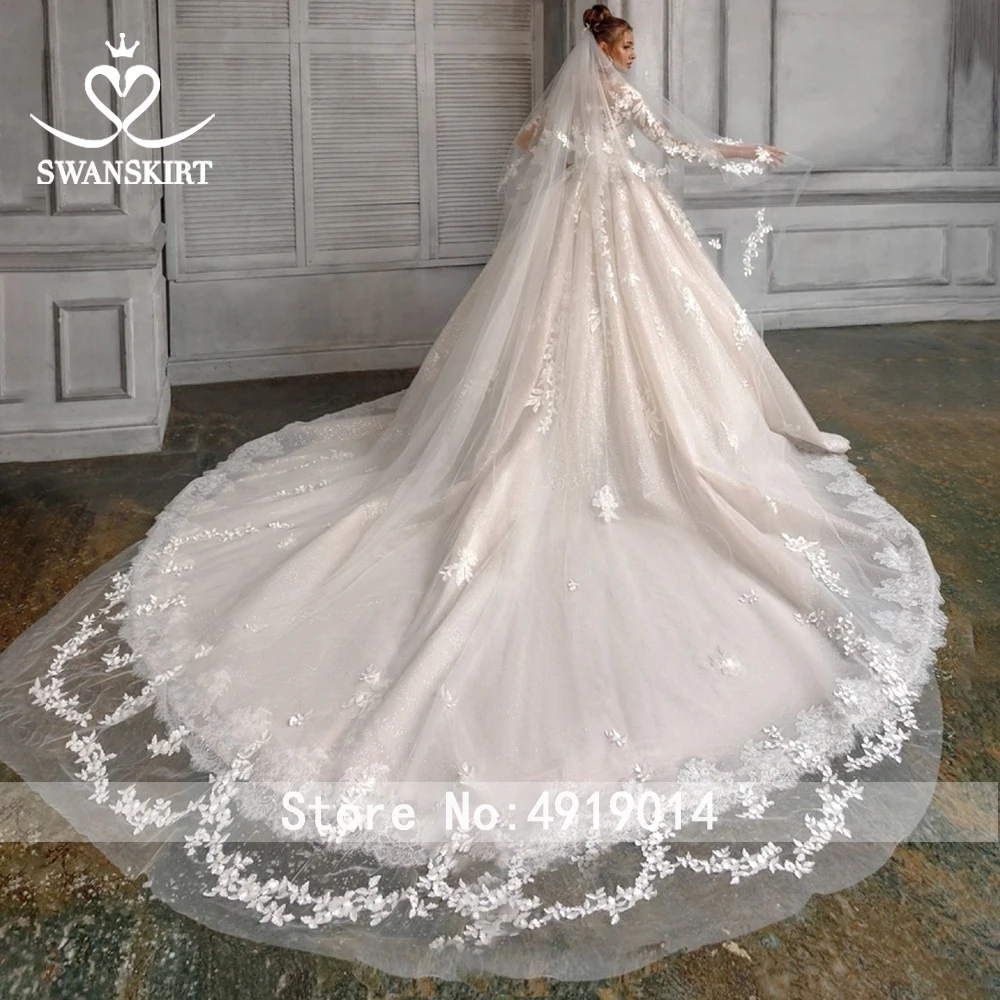 Роскошное бальное платье Swanskirt с бусинами, свадебное платье, с аппликацией, с длинным рукавом, с часовым шлейфом, свадебное платье, Vestido De Noiva N121