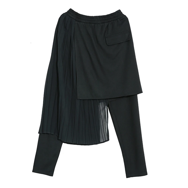 [EAM] длинные черные Асимметричные плиссированные брюки с высокой эластичной талией, новые свободные брюки, женские модные весенне-осенние 1M898