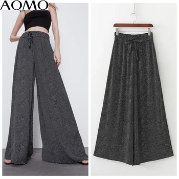 

AOMO fashion women print wide leg pants trousers vintage style pockets female slash casual pants pantalon 1D41A