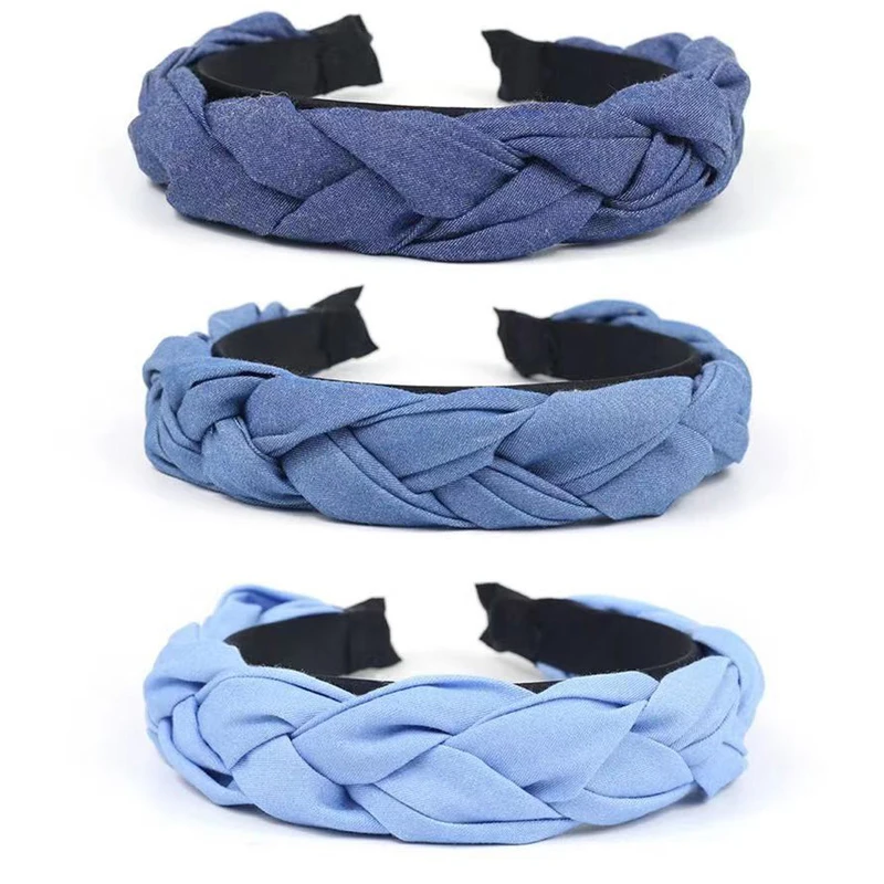 Handmade Denim Weave Braided Wide Headband Ethnic Women Girl Thicken Blue Hair Hoop Hair Accessories