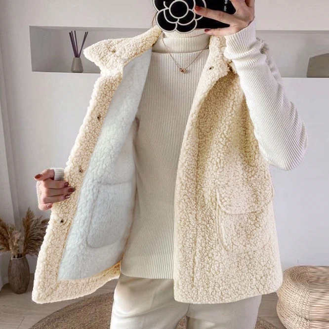 

Beige Fur Furry Plush Vest Lamb Wool Women Sleeveless Down Coat Tops Casual Short Outwear Waistcoat Parkas Jacket Coats Cloth