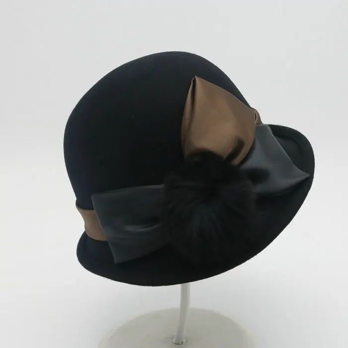 01909-baoliu-pompon winter bowknot wool dinner formal lady bucket cap women outdoor leisure hat
