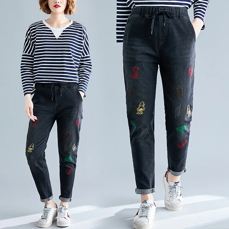 

2019 Autumn Women's Wear Big Code Literature And Art Embroidery Elastic Waist Elastic Force Cowboy Trousers Female