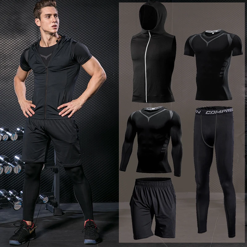 Koop Gym Running Set mannen Trainingspak Jogging Compressie Sportkleding voor Mannen Fitness Sport Kleding Strakke Sport Kleding Set Hoodies