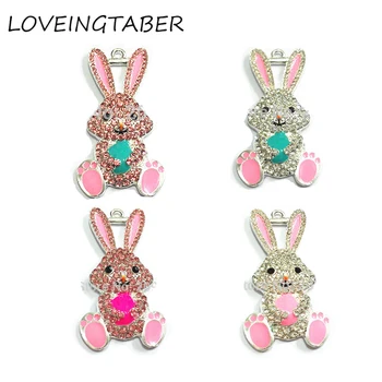 

( Choose Color First ) 50mm*28mm 10pcs/lot Bunnies With Easter Egg Rhinestone Pendants For Kids Necklace Making