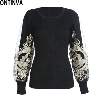 

Women's Embroidery Golden Sweater Pullover Knit Wear Autumn Lantern Long Sleeve Jumpers Slim Black Sweater Slim Bodycon Tops