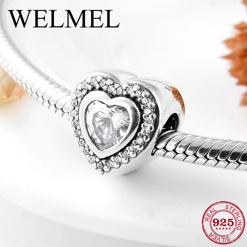 

2019 Fashion 925 Sterling Silver Heart shape Crystal clear CZ beads for jewelry making Fit charm Pandora bracelet charms