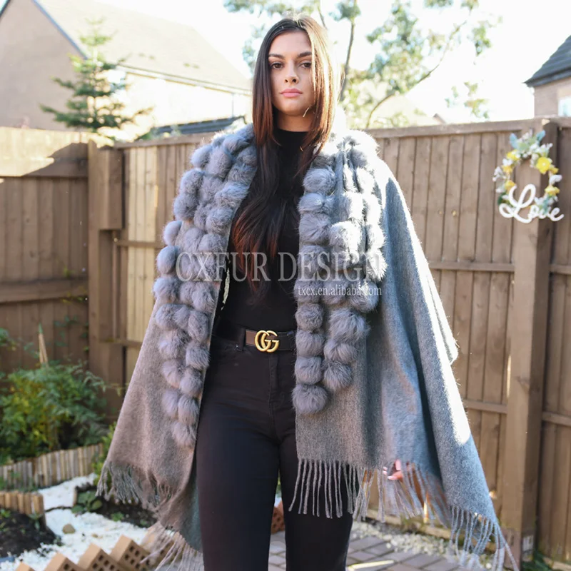 Fashion Scarf with Rabbit Fur Pom Poms Grey
