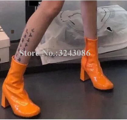 

Candy Color Thick Heel Woman Ankle Boots Sexy Patent Leather Chunky Heel Ladies Short Boots Large Size Female Casual Shoes