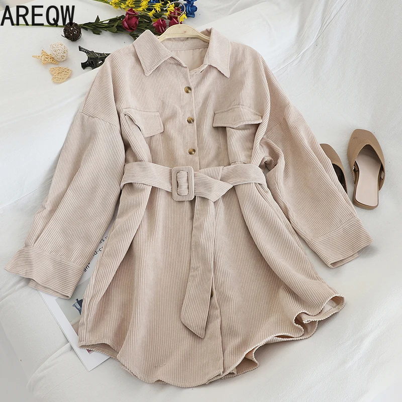 Autumn New 2020 Single-breasted Mid-length Shirt Dress for Women Lapel Corduroy Tops Waist Pocket Women's Clothing Autumn New 2020 Single-breasted Mid-length Shirt Dress for Women Lapel Corduroy Tops Waist Pocket Women's Clothing