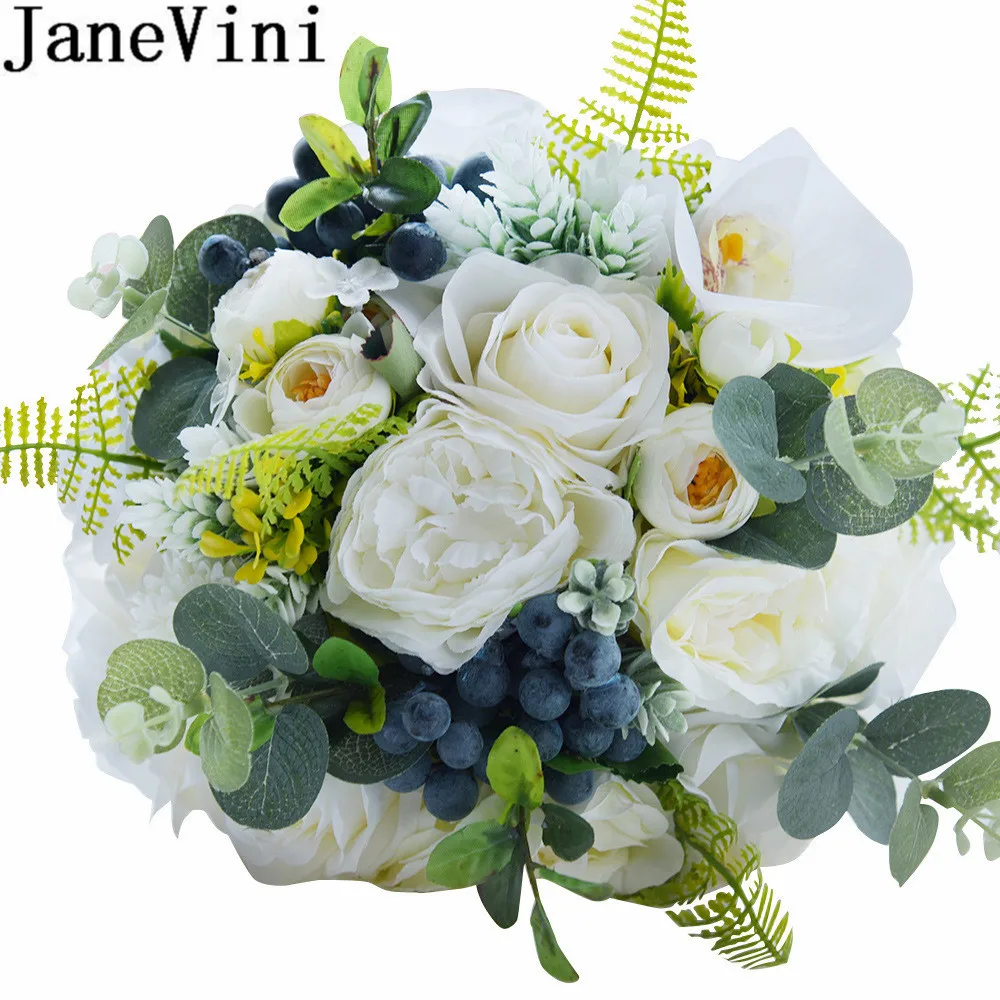 JaneVini, винтажный свадебный букет, белая слоновая кость, роза, зеленые листья, держатель для невесты, цветочный садовый Свадебный букет De Fleur