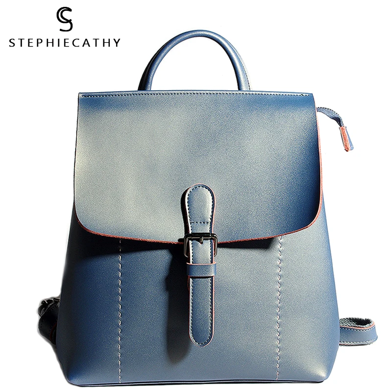 

SC Fashion Flap Leather Backpack For Women BLUE Satchel Bag Girl Genuine Leather Knapsack School Life Female Shoulder Travel Bag