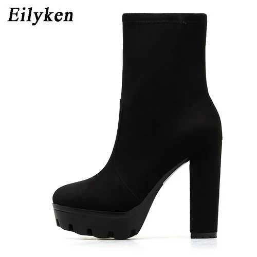 Black Eilyken/Новинка года; модные осенне-зимние ботильоны на высоком каблуке; женские ботинки на платформе и толстом каблуке; женские рабочие ботинки; размеры 41, 42 - Цвет: Black
