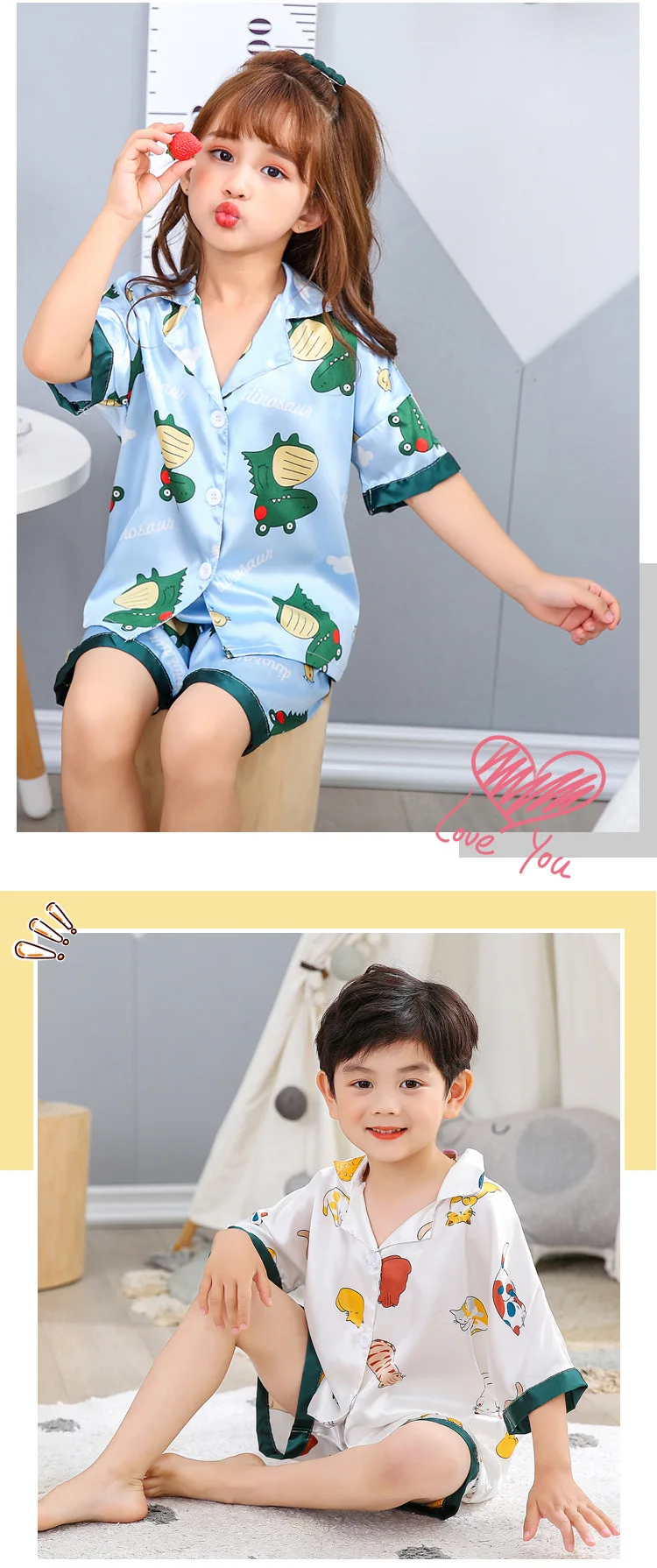 2021 Spring Summer Fall Autumn Boys Girls Button Down Pajamas Childeren Clothing Sets Kids Ice Silk Homewear night gowns cheap