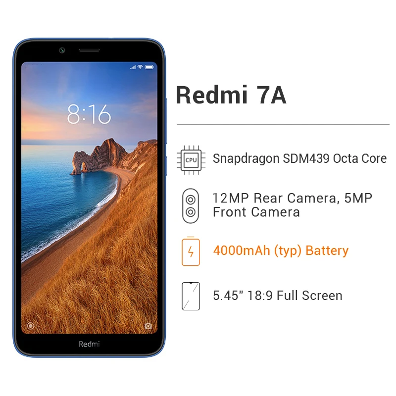 Xiaomi Redmi 7A с глобальной прошивкой, 2 ГБ, 16 ГБ, 4000 мА/ч, большой аккумулятор, смартфон, полноэкранный экран 5,45 дюйма, Восьмиядерный процессор Snapdargon 439, камера 13 МП+ 5 МП