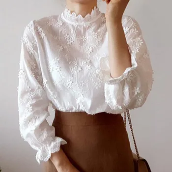 

Japan Korean Pure White Blouse Flowers Embroidered Shirt Female 2020 Summer Lace Stand Collar Long Sleeves White Shirt Women