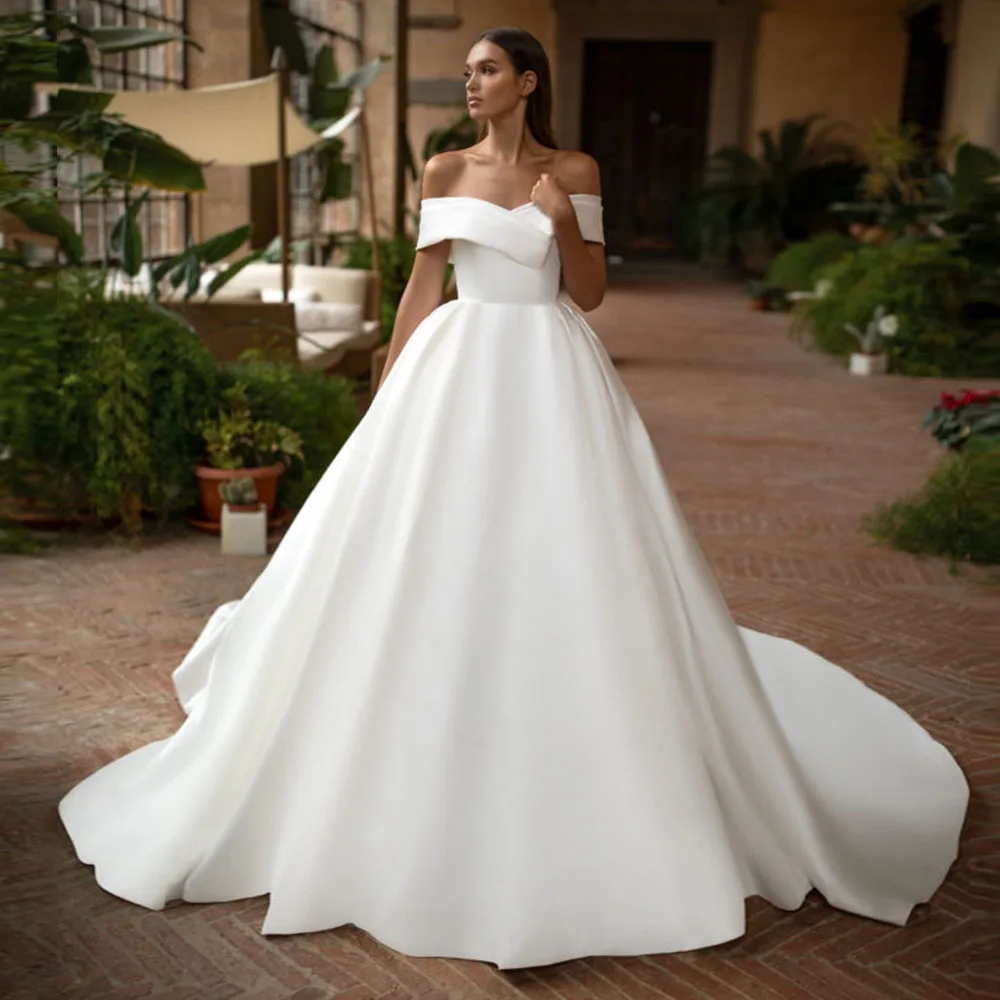 Vestidos De Novia Satin Ball Gown Wedding Dress Off the Shoulder Simple Robe Mariage V-Neck Luxury Sukienka Na Wesele beach wedding dresses