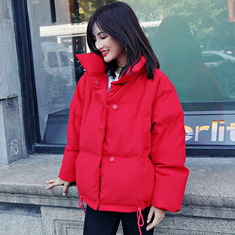 Корейский стиль, зимняя женская куртка со стоячим воротником, однотонное черное белое женское хлопковое пальто, хлопковая Свободная Женская короткая парка, верхняя одежда