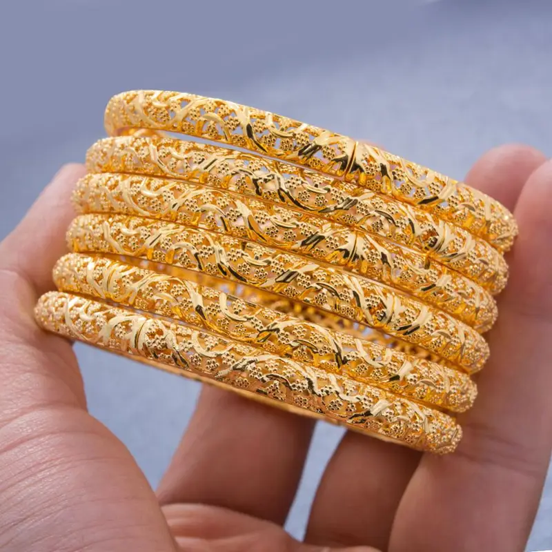 24k 6Pcs Gold Color Dubai India Bangles For Women African Bridal Bangles Bracelets Gold Wedding Bangles Jewellery Gifts