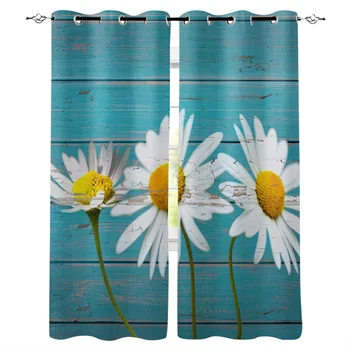 

Daisies Flowers Old Boards Window Curtains Living Room Kitchen Curtains for Bedroom Left and Right Biparting Open Curtains