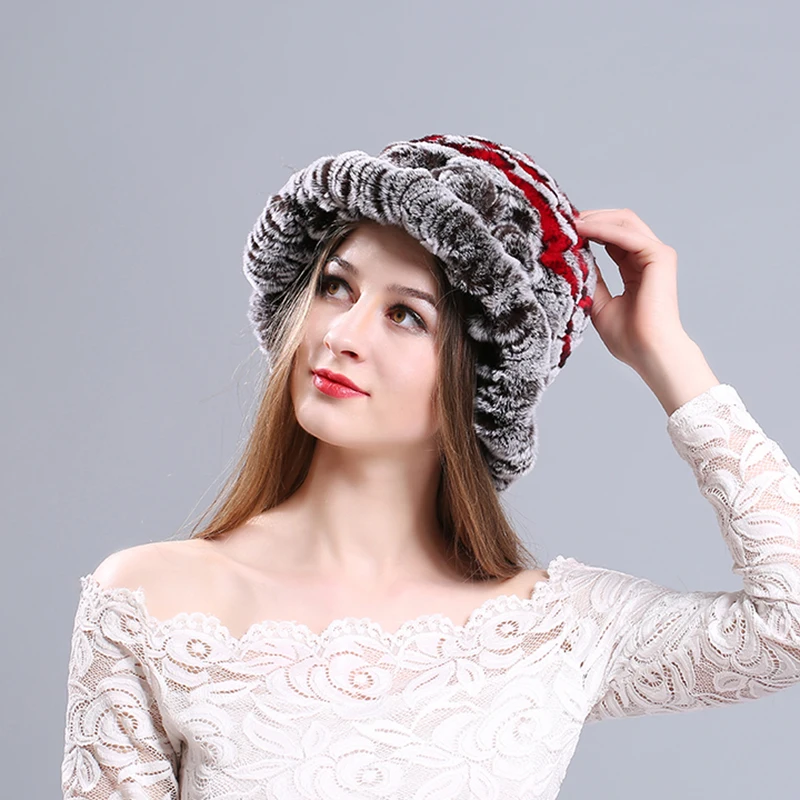 Winter Women Real Fur Hats Fashion Ski Hat Ear Warmer Elastic Rabbit hair Cap Thick